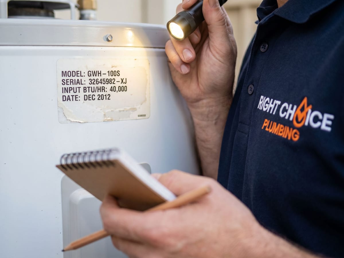 Close-up of a plumber's hand holding a small flashlight to read the manufacturer rating plate and serial number on the upper side of a residential hot water tank in a Vancouver basement utility room