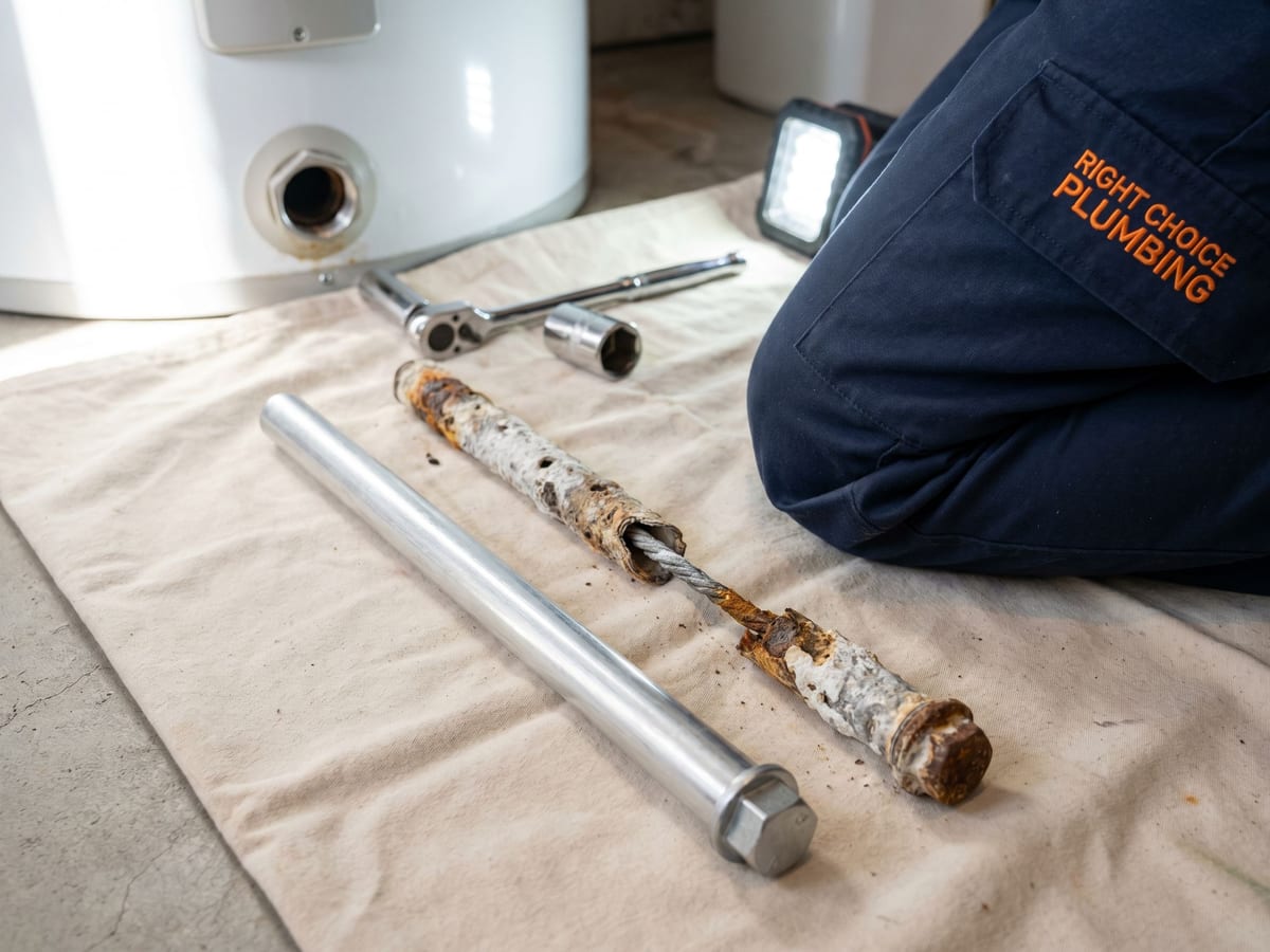 New magnesium anode rod next to a heavily corroded depleted rod just removed from a Vancouver home's hot water tank, showing how the sacrificial rod controls hot water tank lifespan