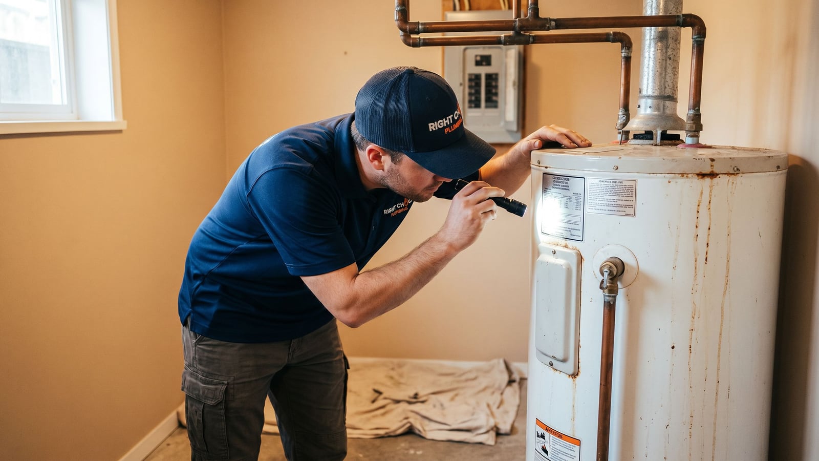 Licensed Right Choice Plumbing technician inspecting an aging gas hot water tank in a Vancouver basement utility room to check its lifespan