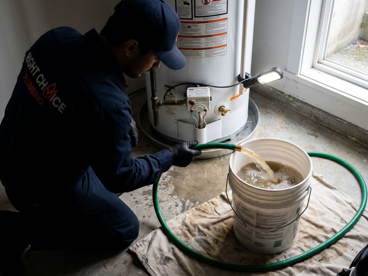 Plumber draining a residential gas hot water tank in a Vancouver utility room, with cloudy sediment-laden water flowing through a garden hose into a clean five-gallon bucket during annual flushing maintenance
