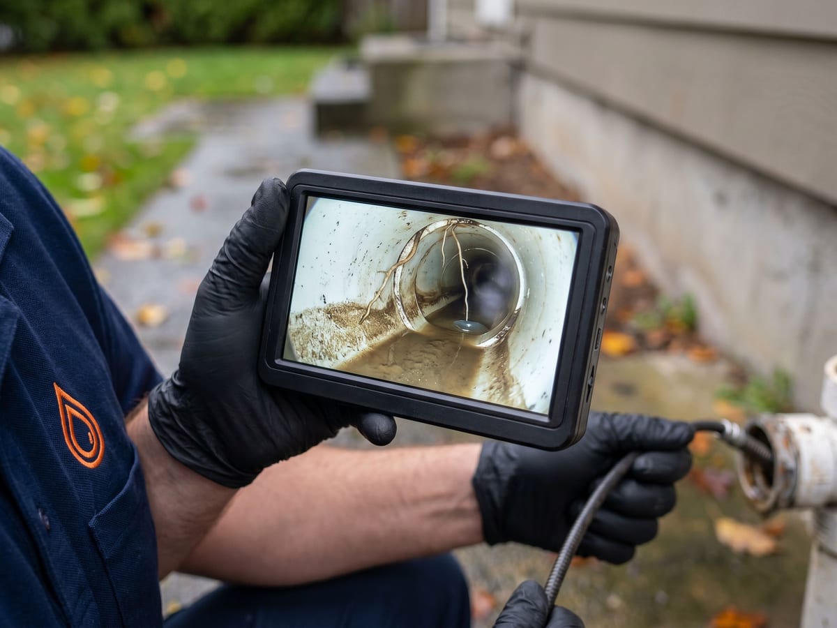 Close-up of a sewer camera monitor showing the silt-filled and root-invaded interior of a clogged residential perimeter drain pipe during a camera inspection at a North Vancouver home
