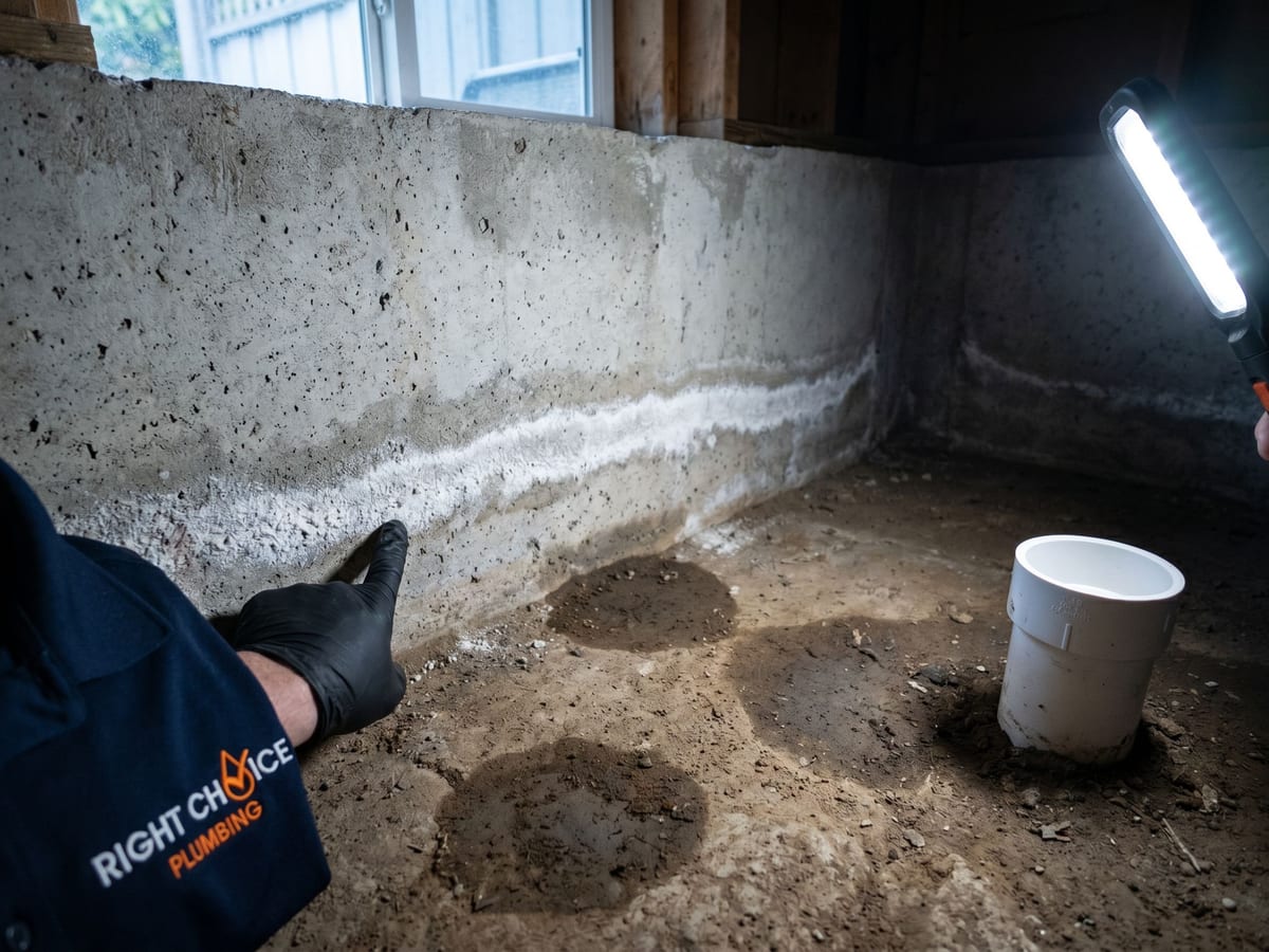 Close-up of a crawlspace foundation wall in a North Vancouver home showing a horizontal band of white efflorescence mineral deposits, the long-term warning sign of a failing perimeter drain