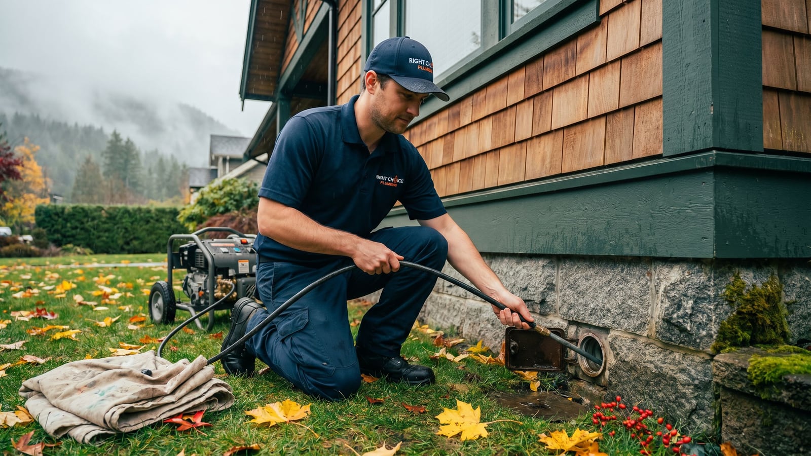 Right Choice Plumbing technician hydro-jetting a clogged perimeter drain cleanout at a North Vancouver home foundation