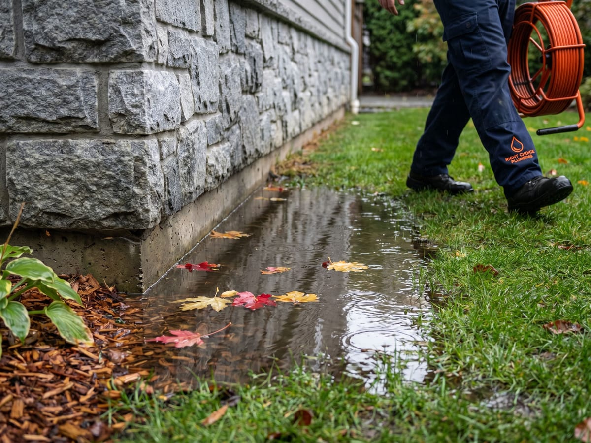 Standing rainwater pooling against the stone-clad foundation of a North Vancouver craftsman home with autumn leaves floating on the puddle, the classic early warning sign of a clogged perimeter drain