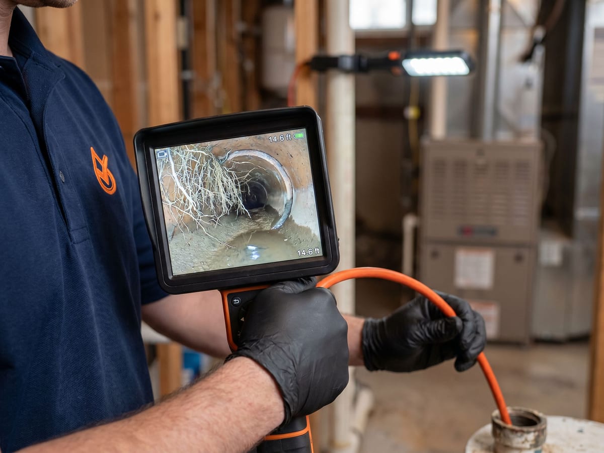 Close-up of a sewer camera monitor during a sewer camera inspection in Calgary showing root intrusion through a clay tile joint and silt in the bottom of the pipe