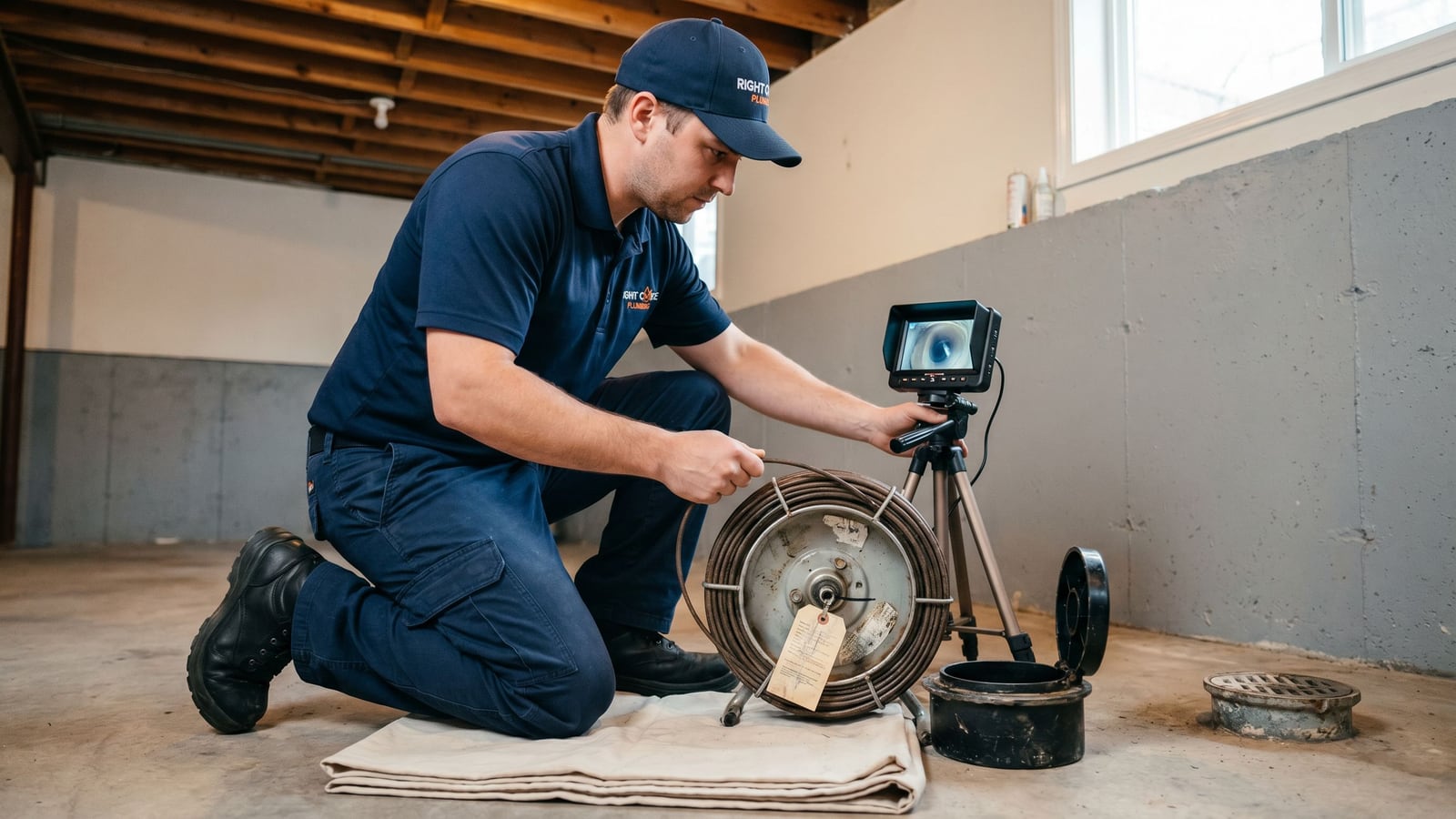 Right Choice Plumbing technician feeding a sewer camera into a basement cleanout for a sewer camera inspection in a Calgary home