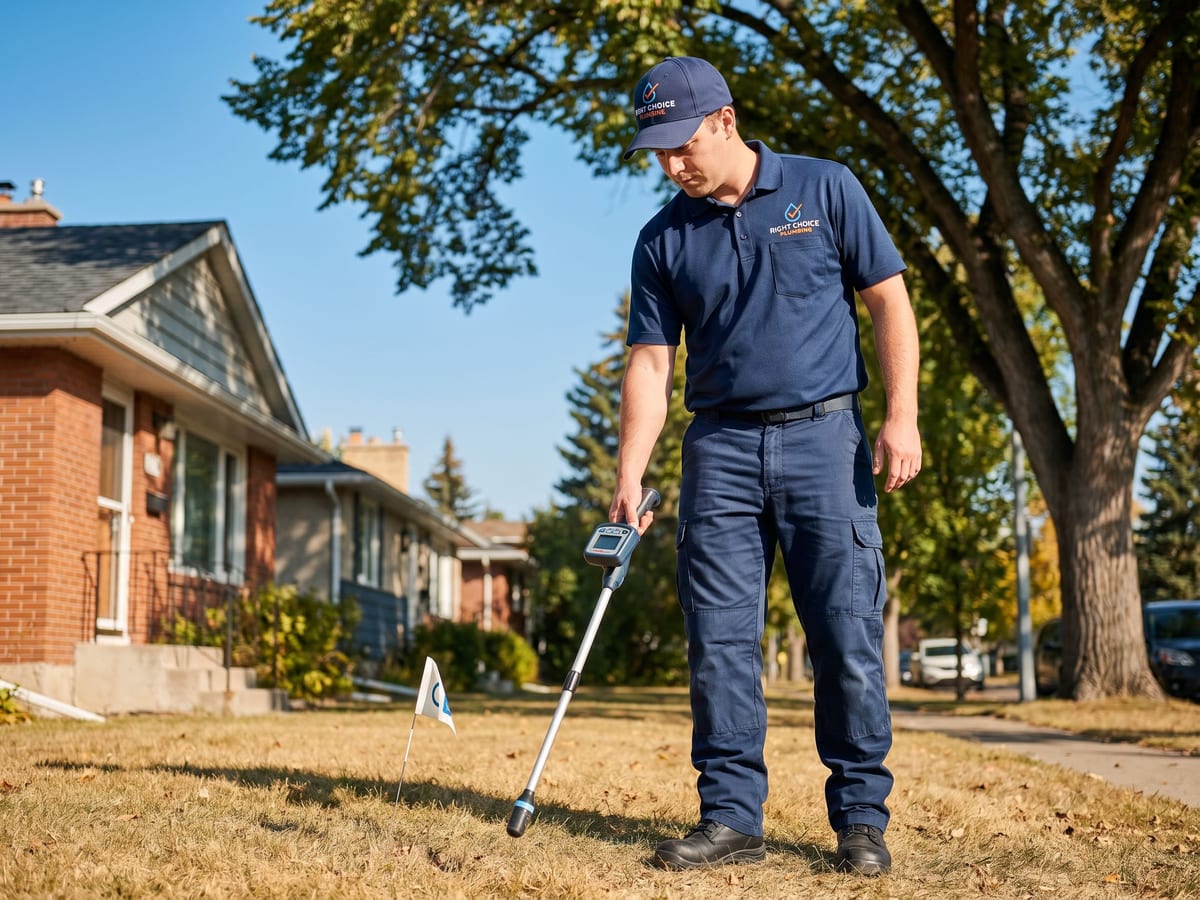 Right Choice Plumbing technician using a sonde locator on the front lawn of an older Calgary home during a sewer line inspection to mark the buried lateral