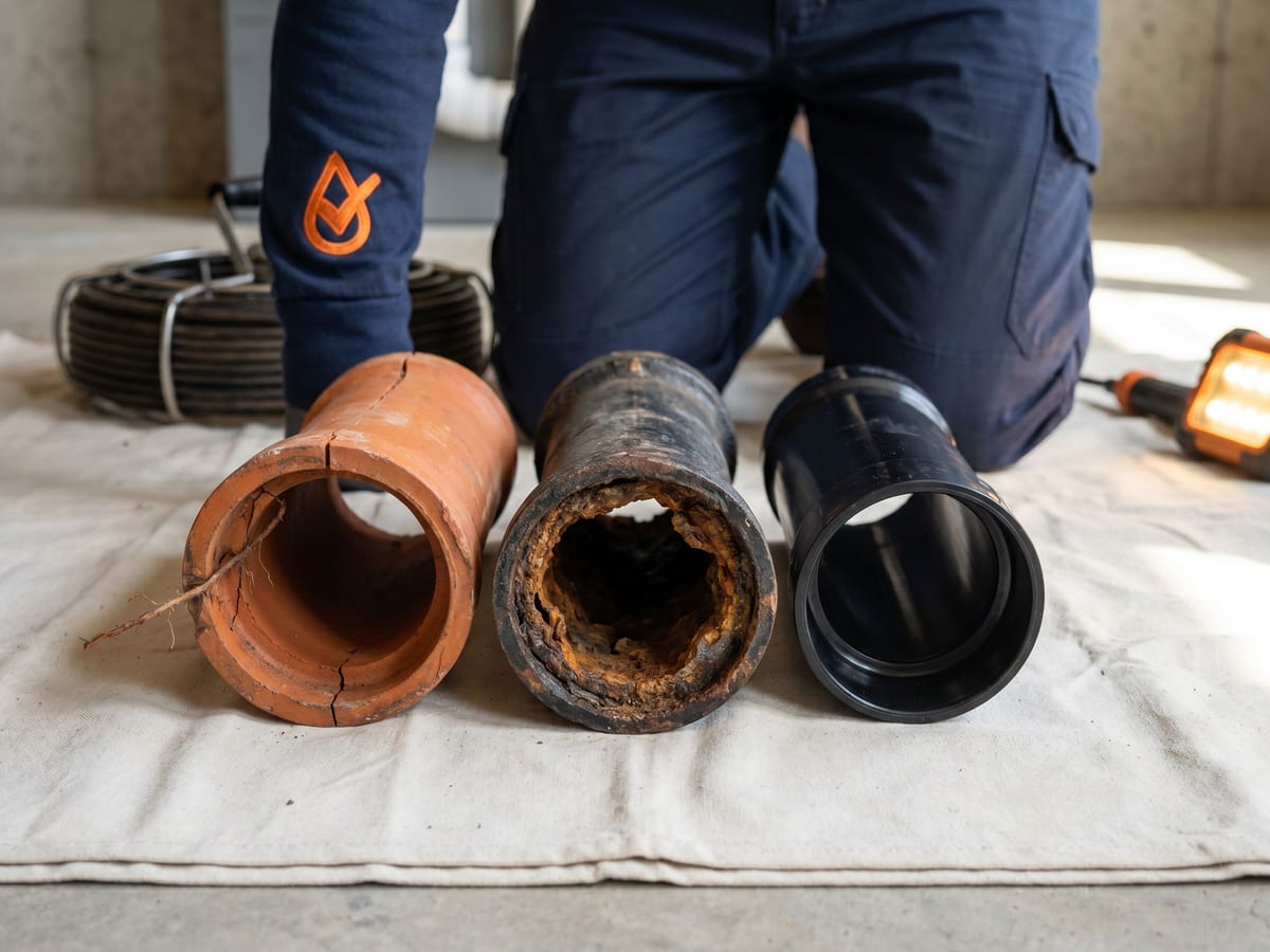 Three sewer pipe sample sections compared during a sewer scope in Calgary: cracked clay tile, corroded cast iron, and clean modern ABS pipe