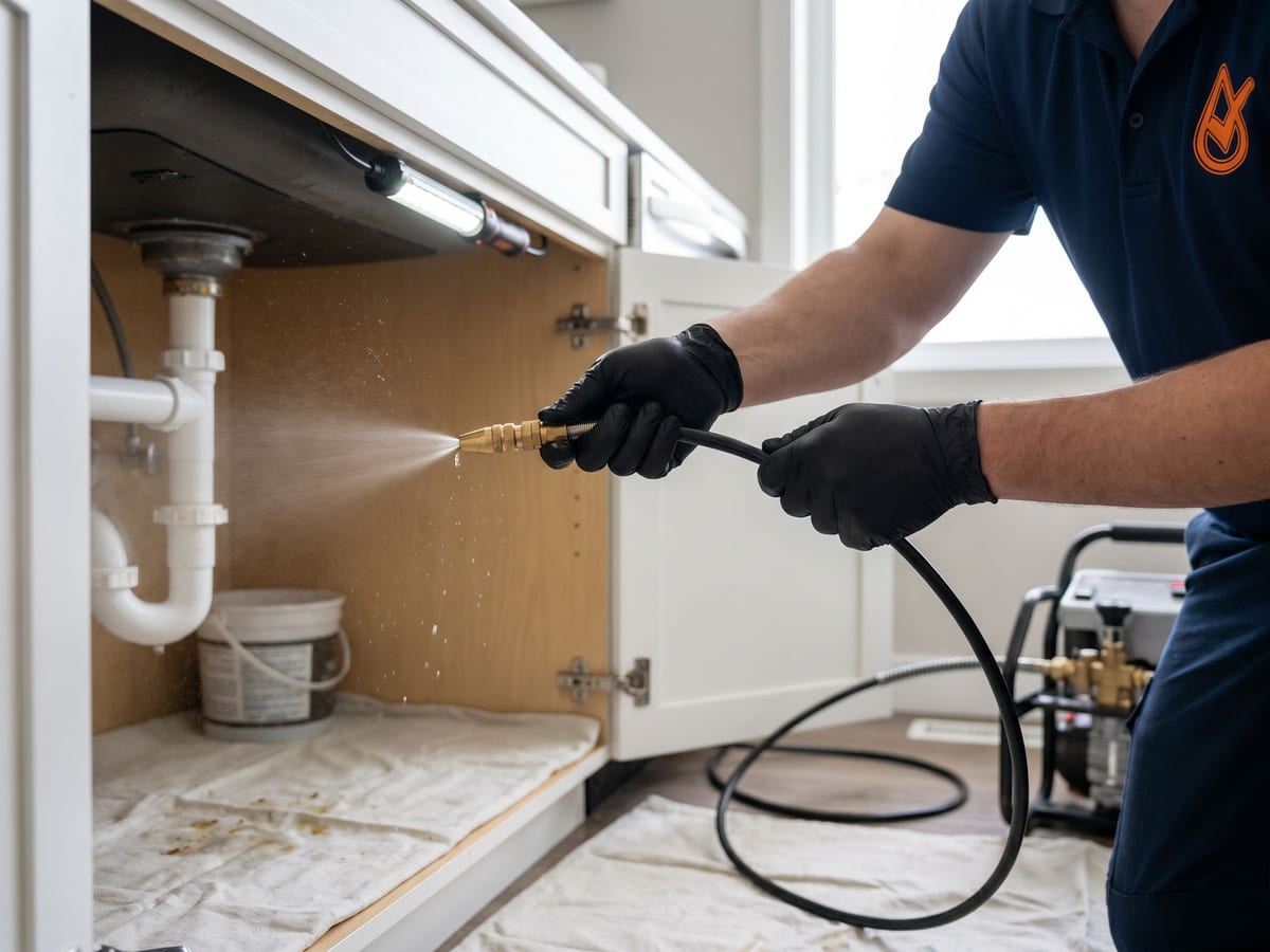Right Choice Plumbing technician feeding a hydro-jetting hose into a kitchen cleanout to clear a grease clog in an Edmonton home