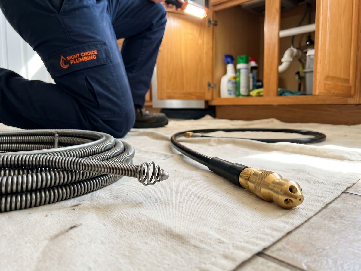 A drain snake auger head and a hydro-jetting nozzle side by side, the two tools an Edmonton plumber chooses between for a kitchen drain clog