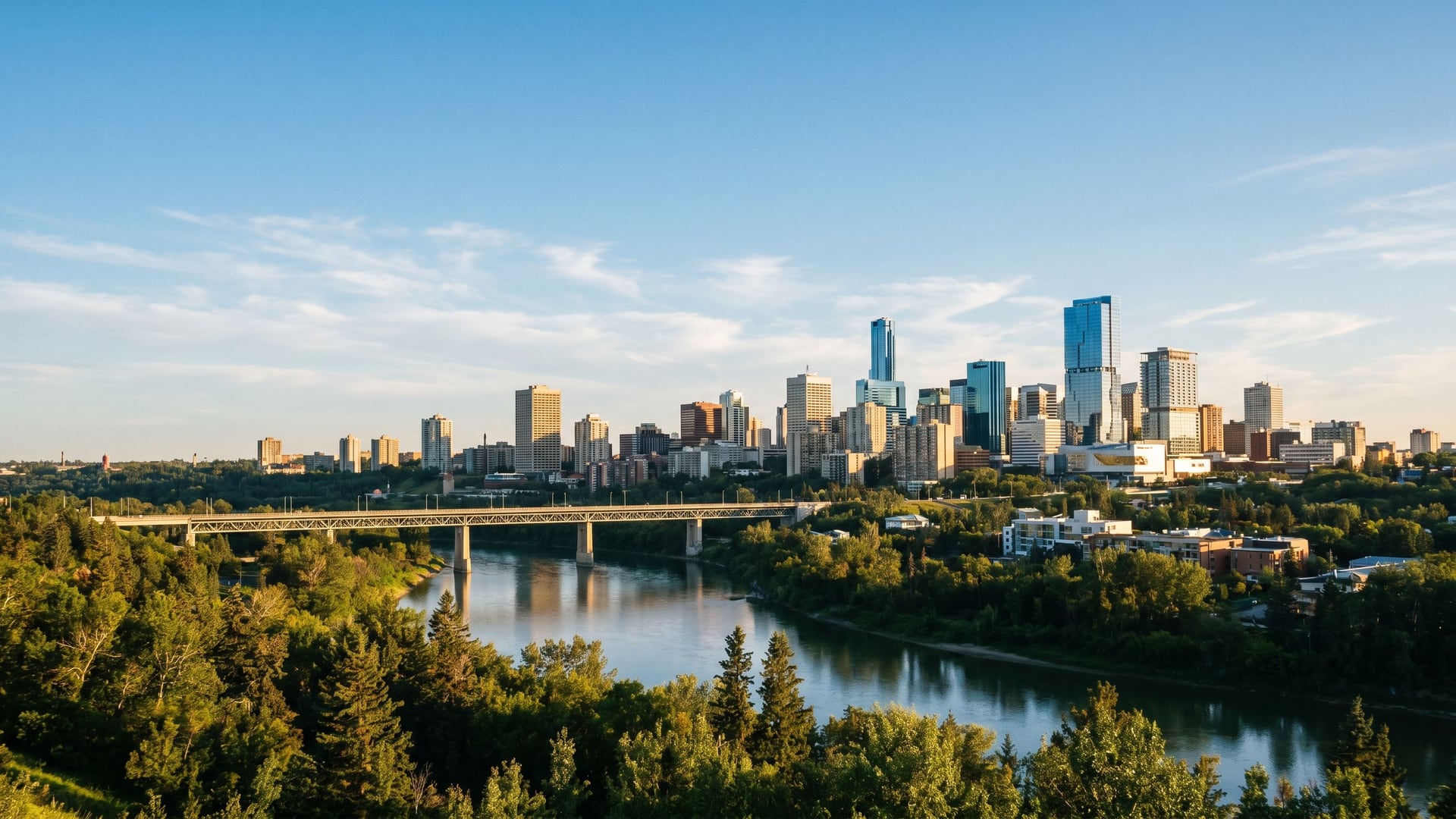 Plumber Edmonton - Right Choice Plumbing licensed plumbing Edmonton service with the downtown skyline and the High Level Bridge over the North Saskatchewan River valley in the background
