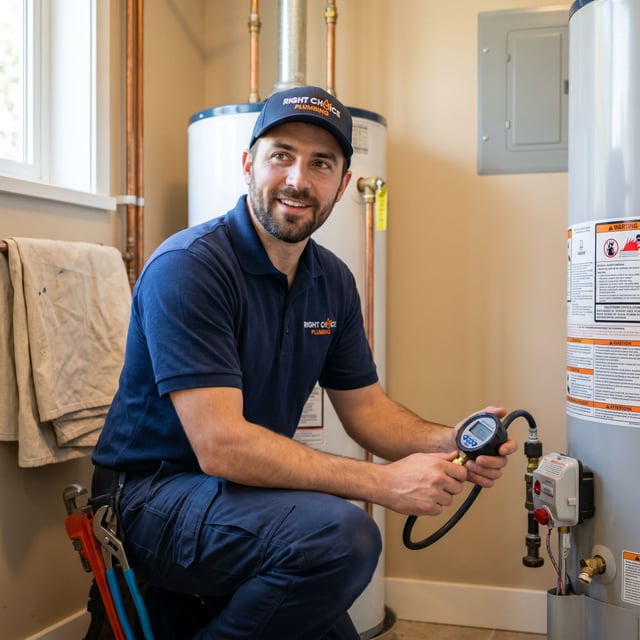Right Choice Plumbing licensed Vancouver plumber inspecting a residential hot water tank