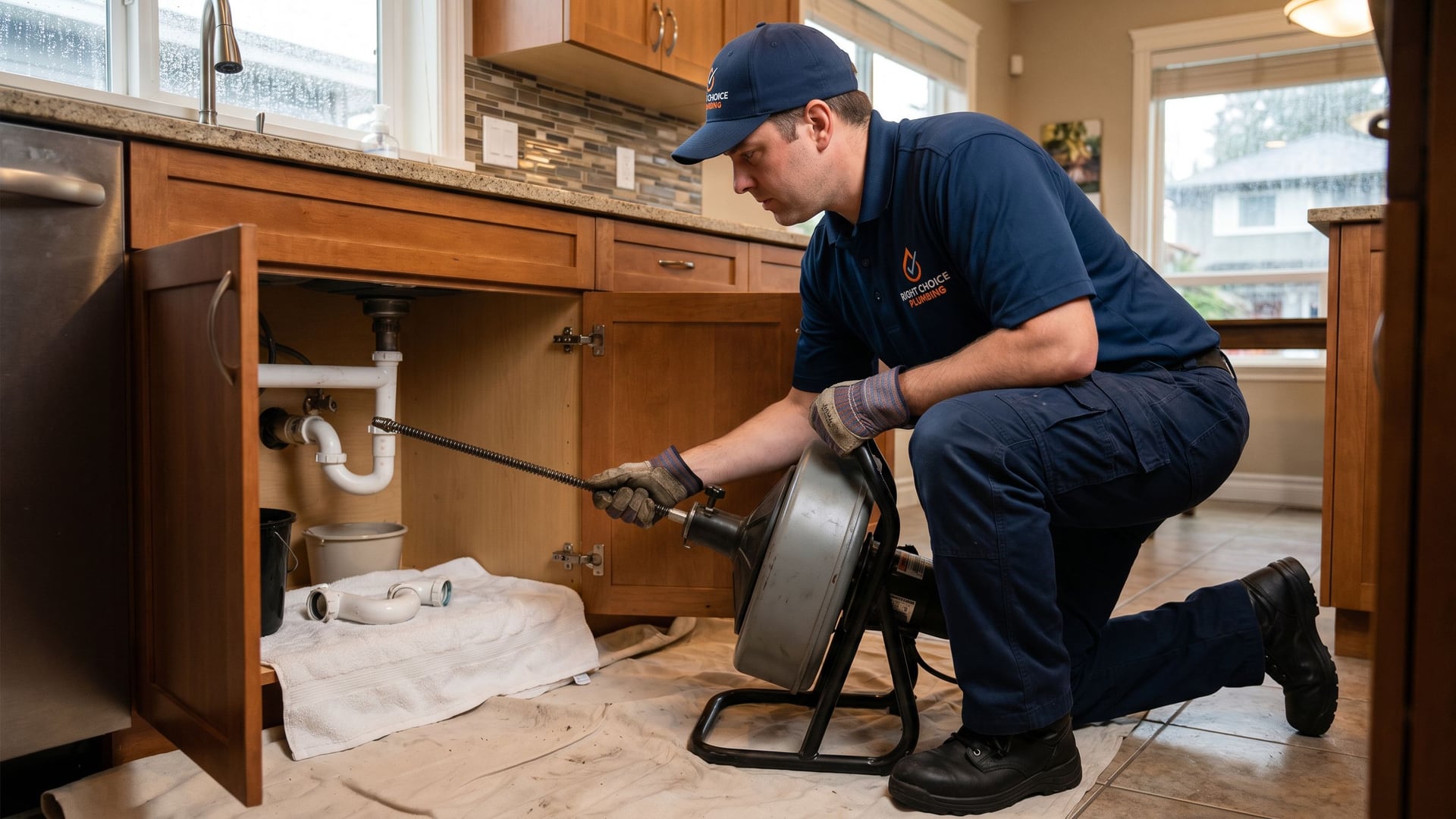 Right Choice Plumbing plumber using a drain auger in a Vancouver kitchen