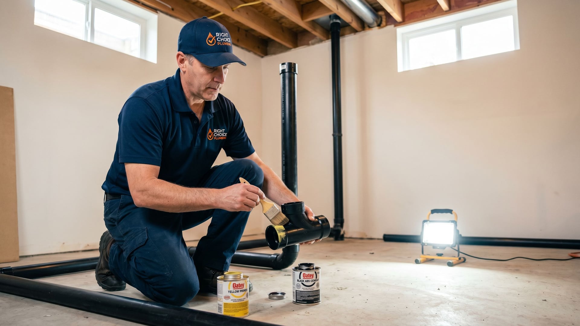 Right Choice Plumbing plumber roughing in ABS drain pipes in a Vancouver basement