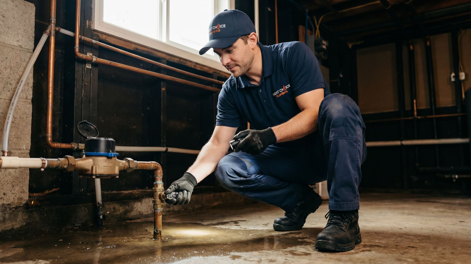 Right Choice Plumbing emergency plumber shutting off a burst pipe in a Vancouver home