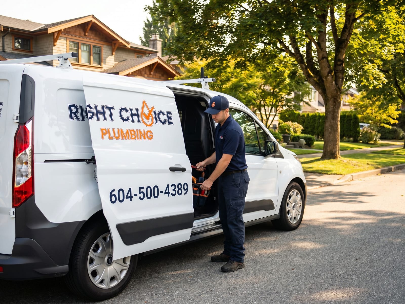 Right Choice Plumbing service van at a Coquitlam hot water tank replacement & installation call