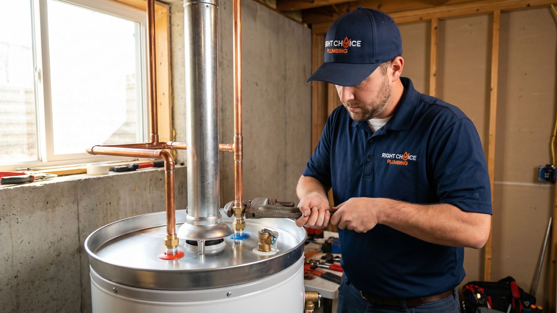 Right Choice Plumbing plumber finishing a gas hot water tank replacement in a Vancouver utility room