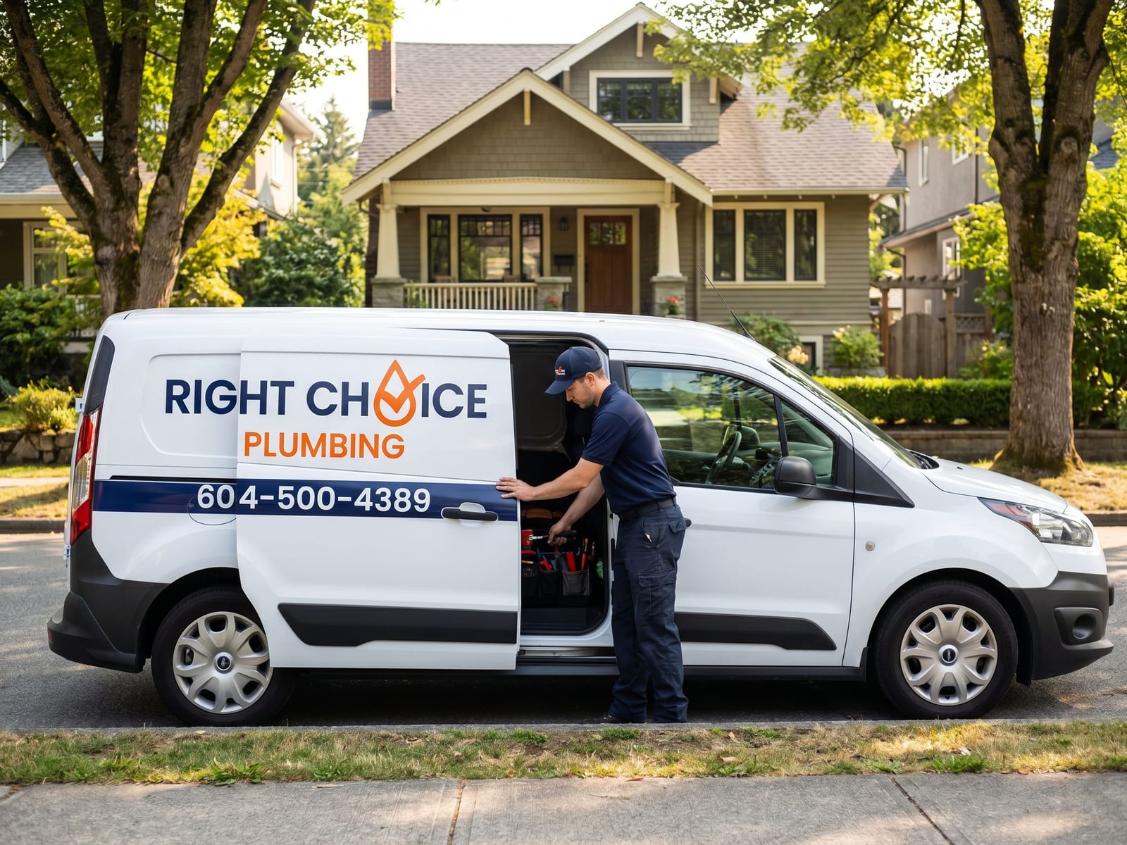 Right Choice Plumbing service van at a Coquitlam hot water tank repair call