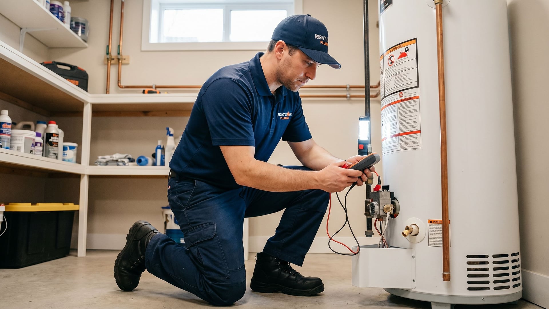 Right Choice Plumbing plumber inspecting a gas hot water tank during a same-day repair call in Vancouver