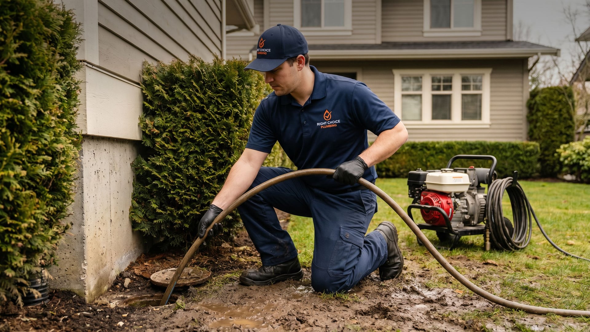 Right Choice Plumbing crew repairing perimeter drainage beside a Vancouver home foundation