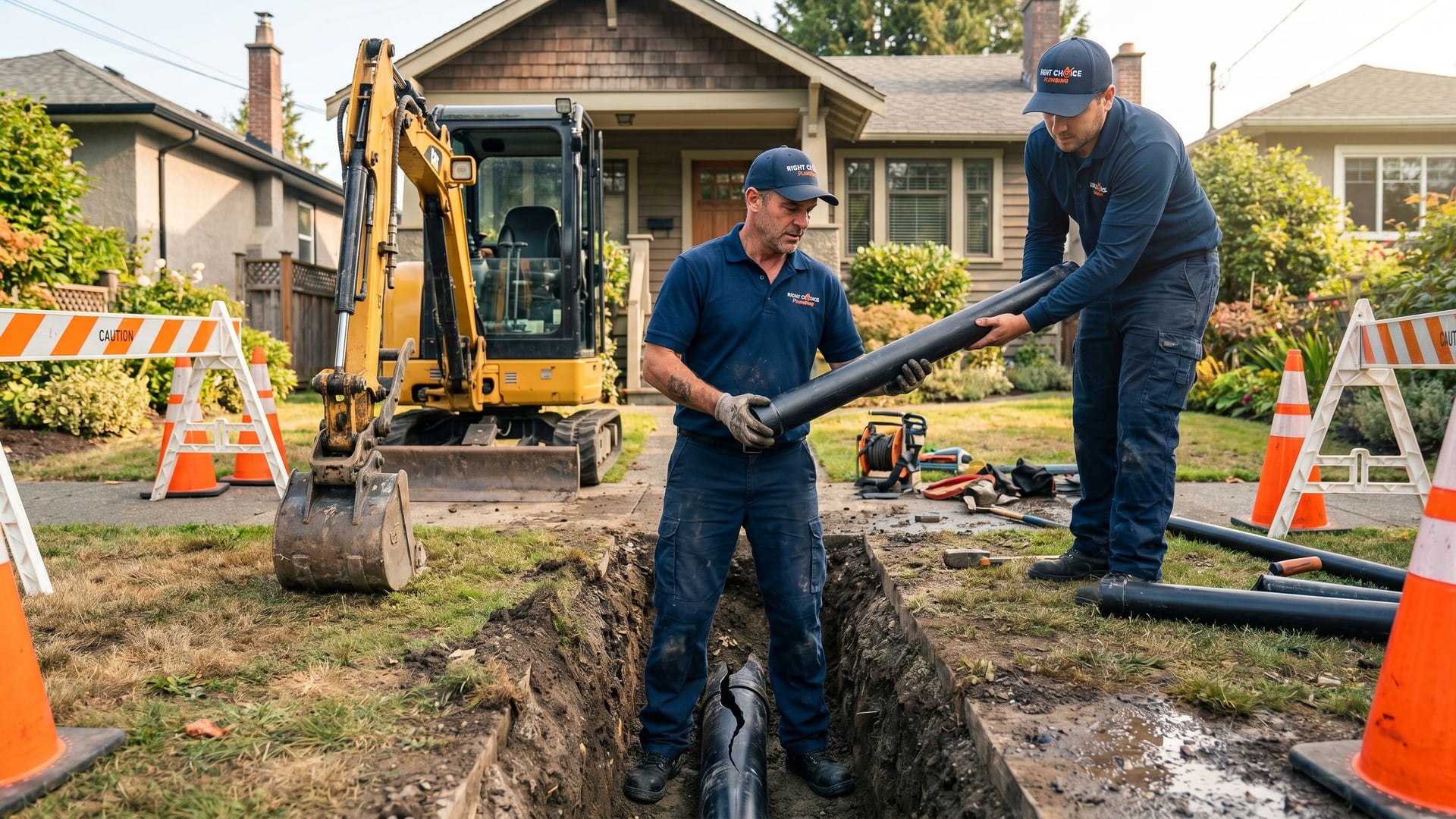 Right Choice Plumbing plumber repairing an excavated sewer line outside a Vancouver home