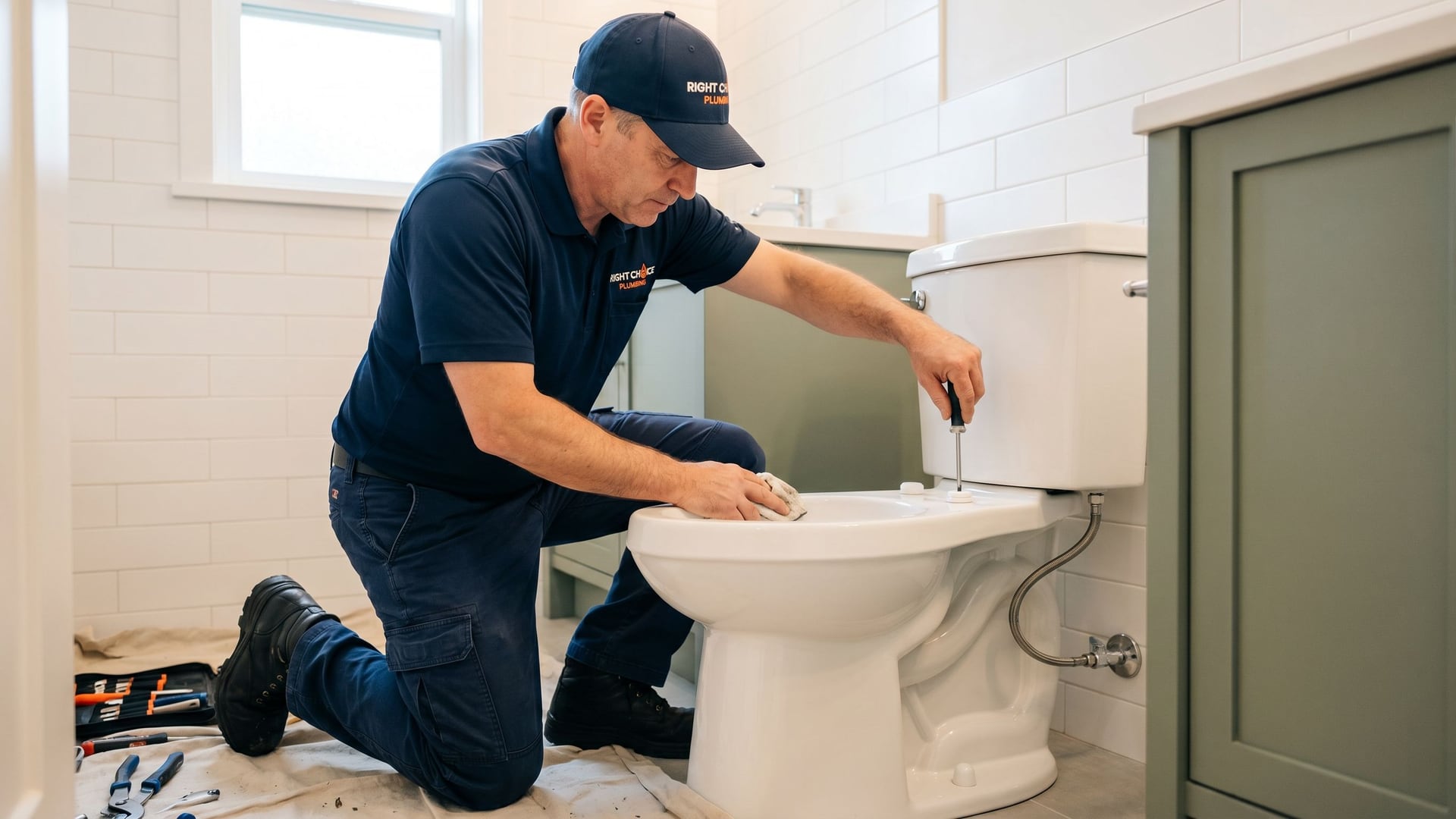 Right Choice Plumbing plumber installing a replacement toilet in a Vancouver bathroom