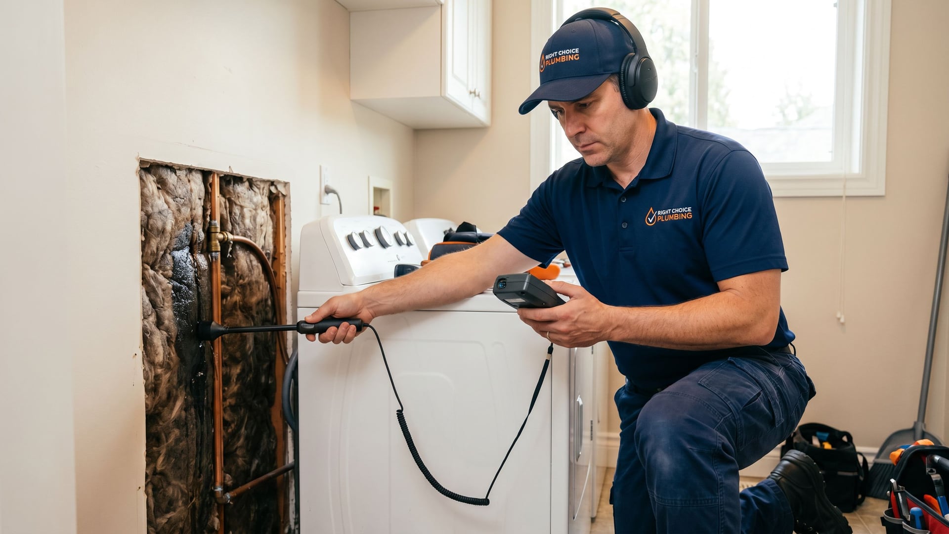 Right Choice Plumbing plumber locating a hidden water leak inside a wall in a Vancouver home